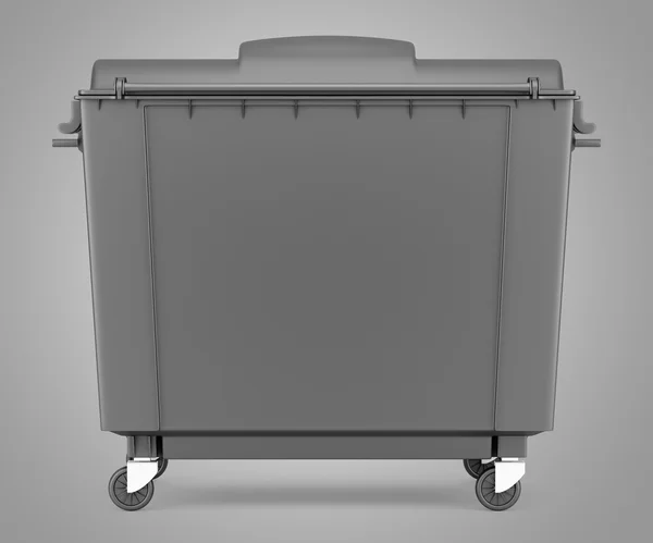 Сірий сміттєвий контейнер ізольований на сірому фоні. 3d ілюстрація — стокове фото