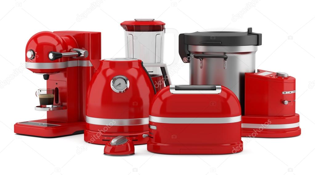 red kitchen appliances isolated on white background. 3d illustra