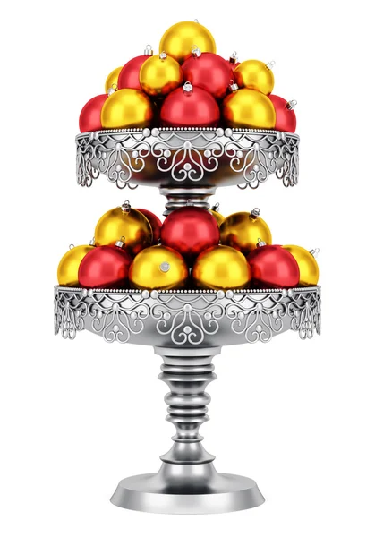 Metallische Vase mit Weihnachtskugeln isoliert auf weißem Hintergrund — Stockfoto