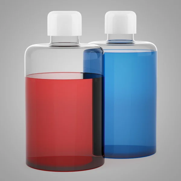Dvě průhledné prázdné lahvičky s šampon izolovaných na šedé — Stock fotografie