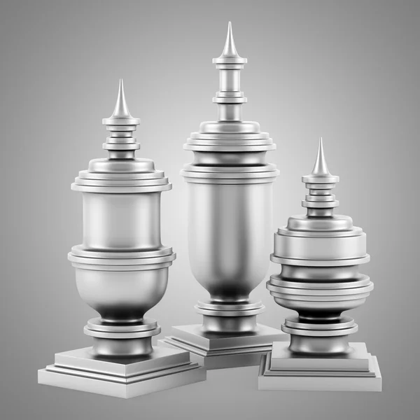 Три металлические вазы, изолированные на сером фоне — стоковое фото