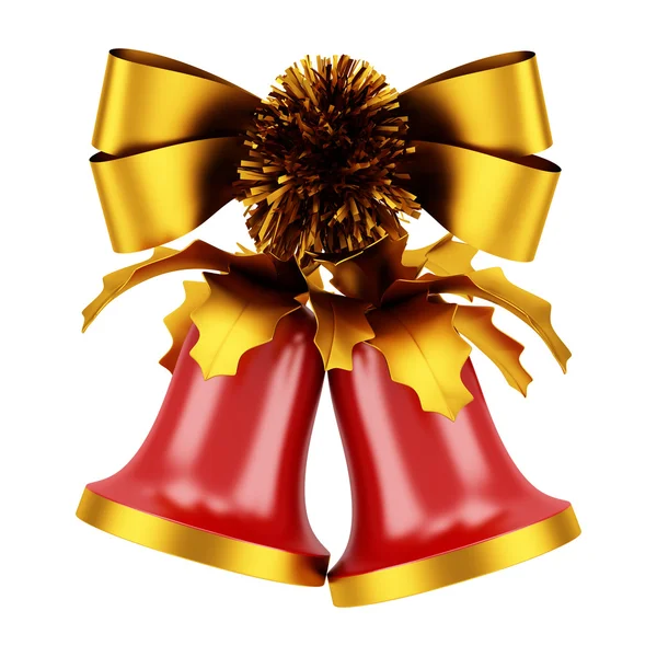 白い背景上に分離されて黄金の弓とクリスマスの鐘 — ストック写真