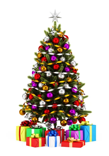 Geschmückter Weihnachtsbaum mit Geschenkboxen isoliert auf weißem Backg — Stockfoto
