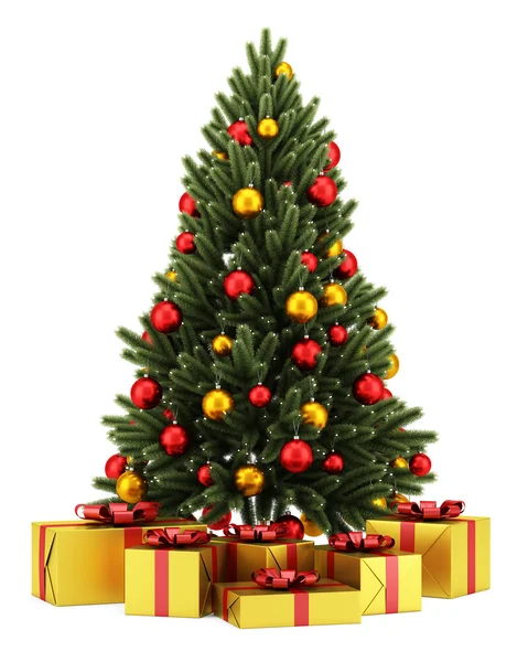 Gedecoreerde kerstboom met geschenkdozen geïsoleerd op witte backg — Stockfoto