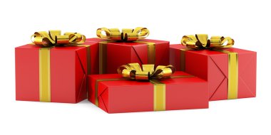 Altın şeritler beyaz arka plan üzerinde izole kırmızı hediye kutuları