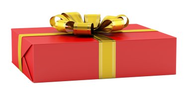 Altın şerit beyaz arka plan üzerinde izole kırmızı hediye kutusu
