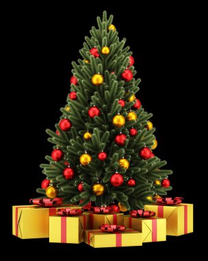 üzerinde siyah backg izole hediye kutuları ile dekore edilmiş Noel ağacı