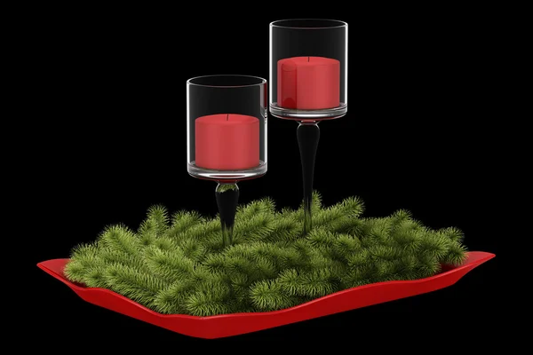 Decoração de mesa de natal com velas isoladas no backgr preto — Fotografia de Stock