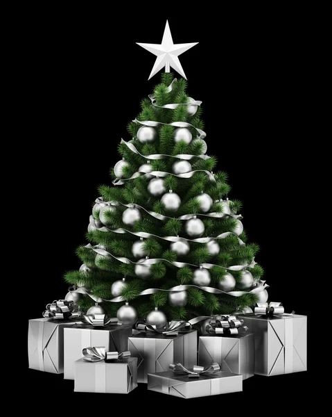 Üzerinde siyah backg izole hediye kutuları ile dekore edilmiş Noel ağacı — Stok fotoğraf