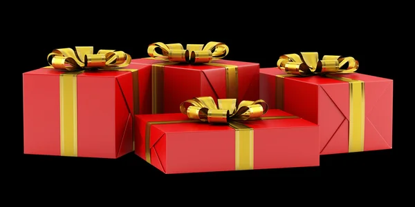 Rote Geschenkboxen mit goldenen Bändern isoliert auf schwarzem Hintergrund — Stockfoto