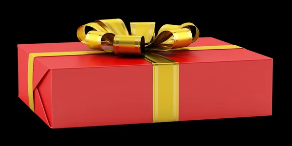 Red gift box with golden ribbon isolated on black background — Stock Photo, Image
