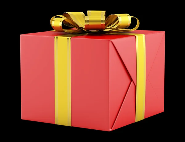 Red gift box with golden ribbon isolated on black background — Stock Photo, Image