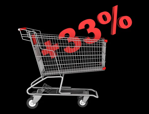 Shopping cart with plus 33 percent sign isolated on black backgr — Stock Photo, Image