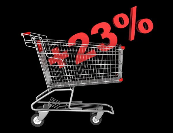 Shopping cart with plus 23 percent sign isolated on black backgr — Stock Photo, Image