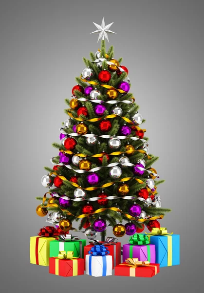 Üzerinde gri backgr izole hediye kutuları ile dekore edilmiş Noel ağacı — Stok fotoğraf