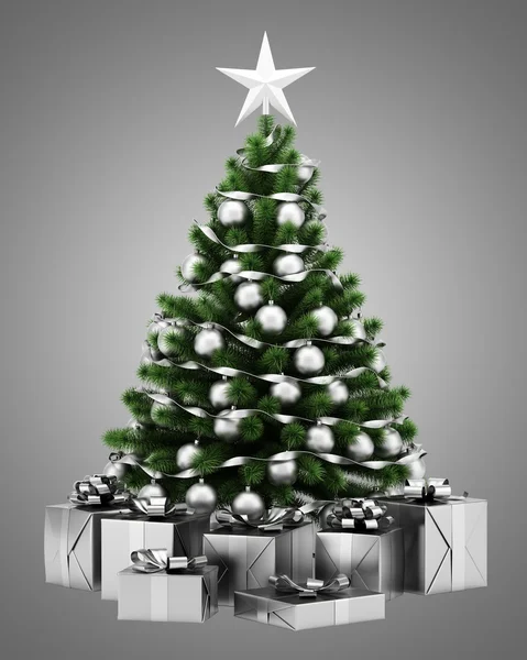 グレーの表現に分離されたギフト ボックスに飾られたクリスマス ツリー — ストック写真