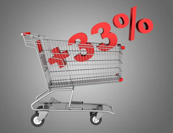 Shopping cart with plus 33 percent sign isolated on gray backgro — Stock Photo, Image