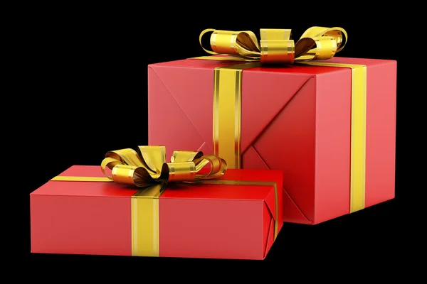 Two red gift boxes with golden ribbons isolated on black backgro — Stock Photo, Image