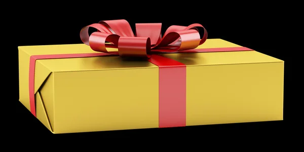 Yellow gift box with red ribbon isolated on black background — Stock Photo, Image