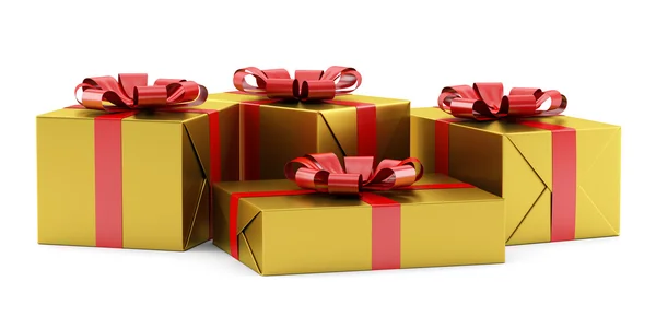 Yellow gift boxes with red ribbons isolated on white background — Stock Photo, Image