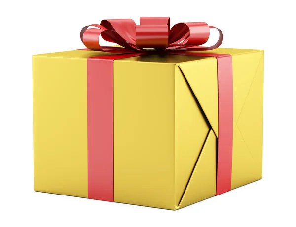 Caja de regalo amarilla con cinta roja aislada sobre fondo blanco —  Fotos de Stock