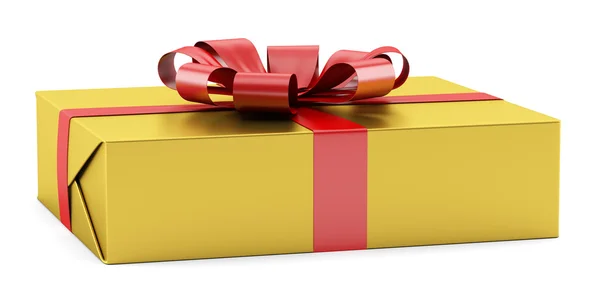 Yellow gift box with red ribbon isolated on white background — Stock Photo, Image