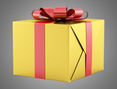 Sarı hediye kutusu gri arka plan üzerinde izole kırmızı kurdele ile