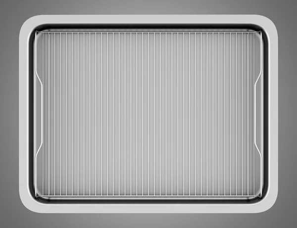 グラタン皿は、灰色の背景に分離された金属のトップ ビュー — ストック写真
