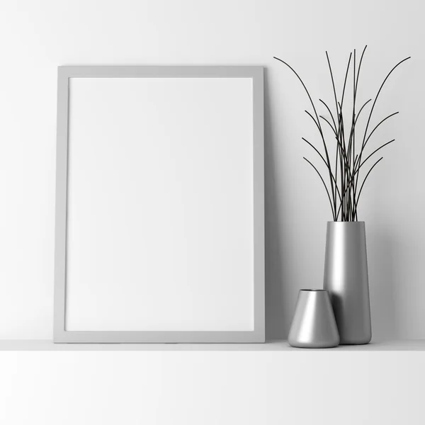 Moldura de foto cinza em branco na prateleira branca — Fotografia de Stock
