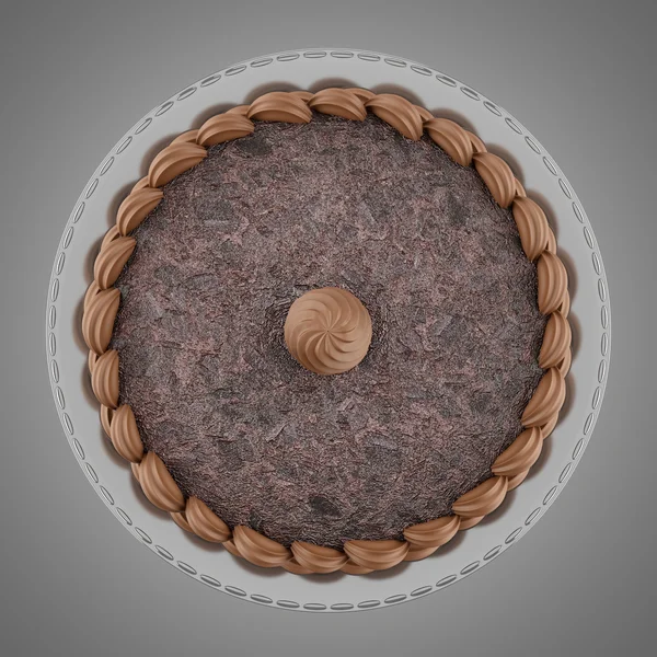 顶视图的圆形巧克力蛋糕，奶油上孤立灰 bac — 图库照片