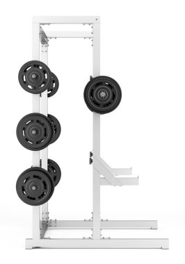 yarısı beyaz arka plan üzerinde izole barbell ile raf spor salonu