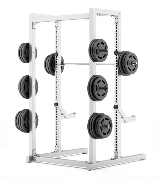 Gym half rack with barbell isolated on white background — Stock Photo, Image