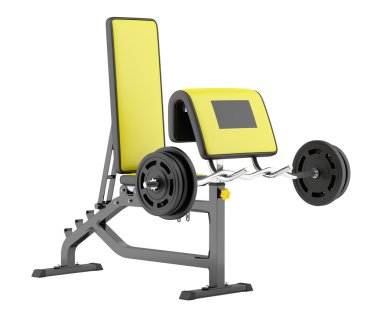 Spor kol curl tezgah üzerinde beyaz arka plan izole barbell ile