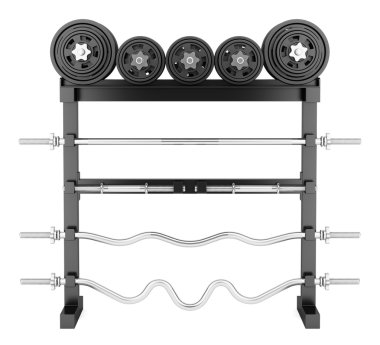 Beyaz arkaplanda izole edilmiş spor salonu ağırlık rafı