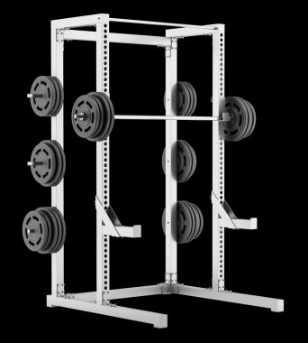 yarısı siyah arka plan üzerine izole barbell ile raf spor salonu