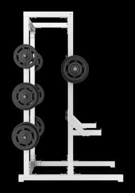 yarısı siyah arka plan üzerine izole barbell ile raf spor salonu