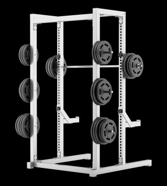 yarısı siyah arka plan üzerine izole barbell ile raf spor salonu