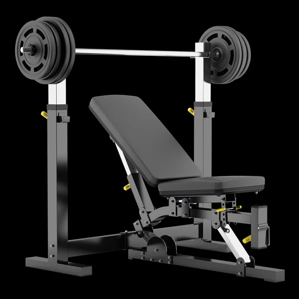 Gym adjustable weight bench with barbell isolated on black backg — Stock Photo, Image