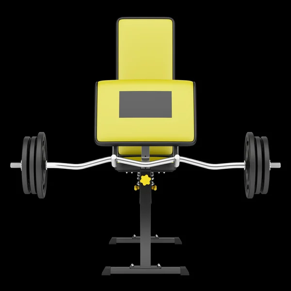 健身房的手臂卷曲的长凳上与孤立在黑色背景上的杠铃 — 图库照片