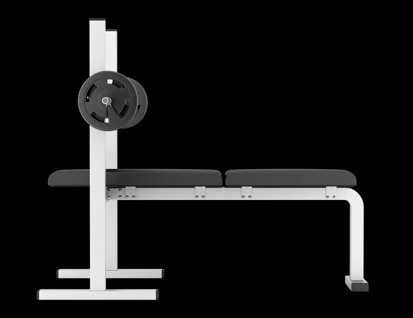 Gym flat weight bench with barbell isolated on black background — Stock Photo, Image