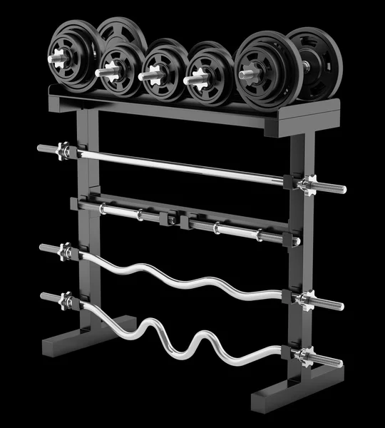 Siyah arka plan üzerine izole jimnastik salonu ağırlık raf — Stok fotoğraf