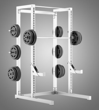 yarısı gri arka plan üzerinde izole barbell ile raf spor salonu