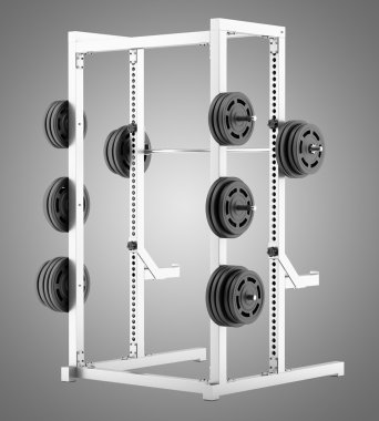 yarısı gri arka plan üzerinde izole barbell ile raf spor salonu