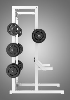 yarısı gri arka plan üzerinde izole barbell ile raf spor salonu