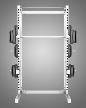 yarısı gri arka plan üzerinde izole barbell ile raf spor salonu