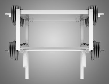 spor salonu yarısı üzerinde gri backgrou izole barbell ile raf Üstten Görünüm