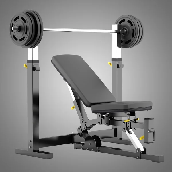 Gym adjustable weight bench with barbell isolated on gray backgr — Stock Photo, Image