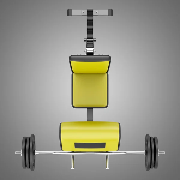 Top view of gym arm curl bench with barbell isolated on gray bac — Stock Photo, Image