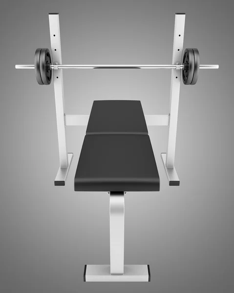 Gym platt träningsbänk med skivstång isolerad på grå bakgrund — Stockfoto