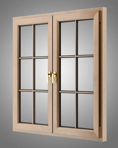 Brązowe okna drewniane na białym tle na szarym tle — Zdjęcie stockowe